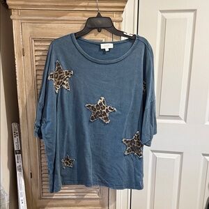 Oddy Blue cheetah Star Pattern Women's Top, appliquéd